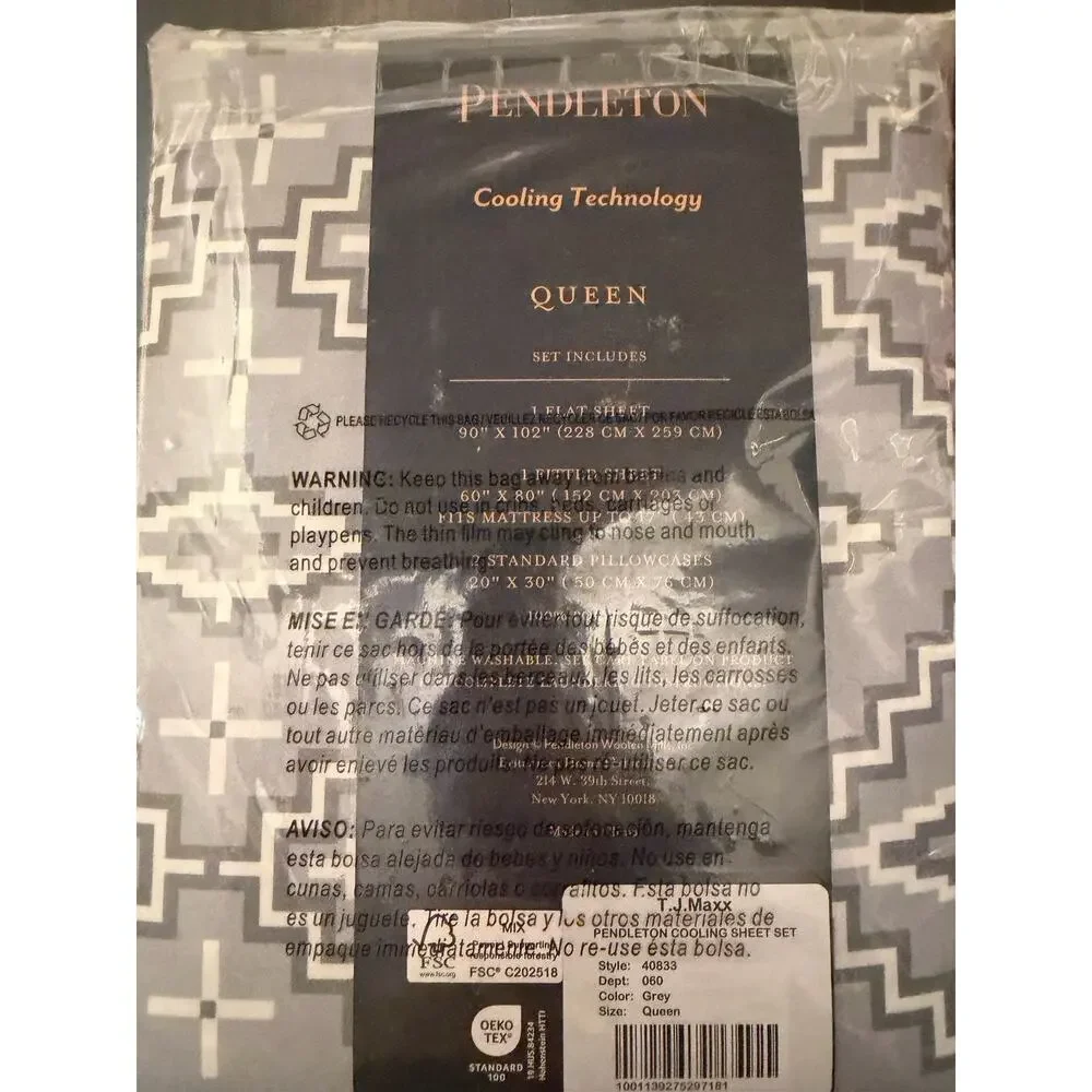 New! Pendleton OTERO Gray 4pc Queen Sheet Set With Cooling Technology Aztec